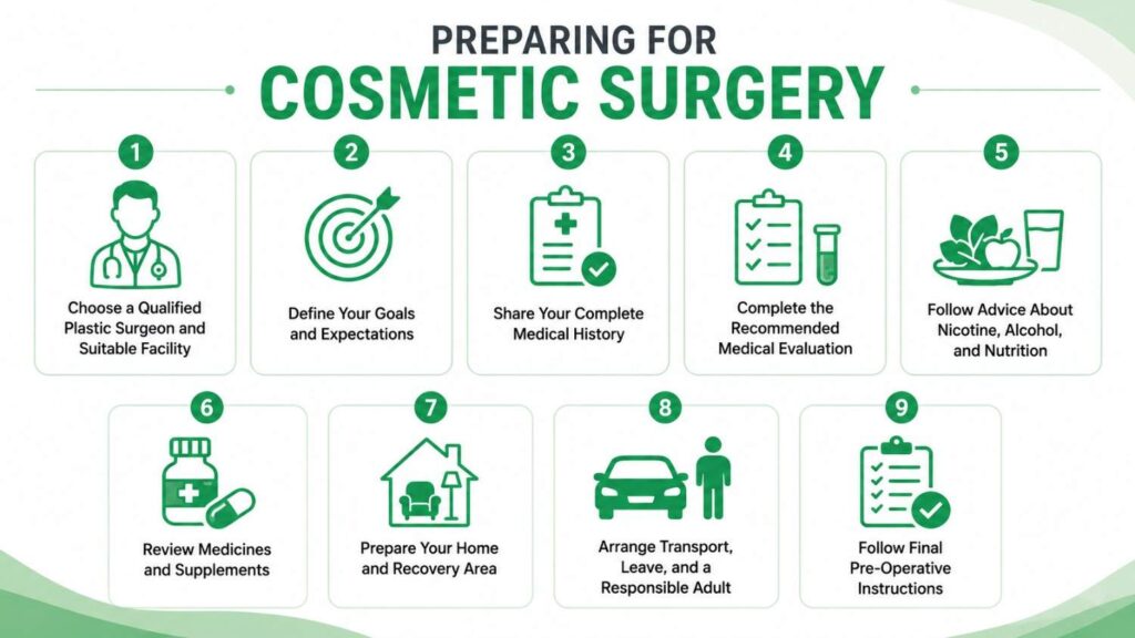 Infographic outlining the key steps for preparing for cosmetic surgery, including choosing a qualified surgeon, setting realistic expectations, sharing medical history, completing medical evaluations, reviewing medicines, preparing the recovery area, arranging transport, and following pre-operative instructions.