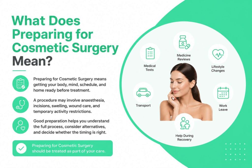 Medical infographic explaining what preparing for cosmetic surgery means, highlighting pre-surgery planning such as medical tests, medicine review, lifestyle changes, transport, work leave, and recovery support using a green and white design.
