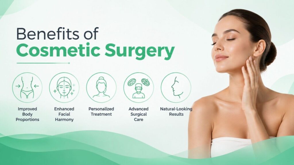 Benefits of What Is Cosmetic Surgery? illustrated through improved body proportions, enhanced facial harmony, personalized treatment, advanced surgical care, and natural-looking results.