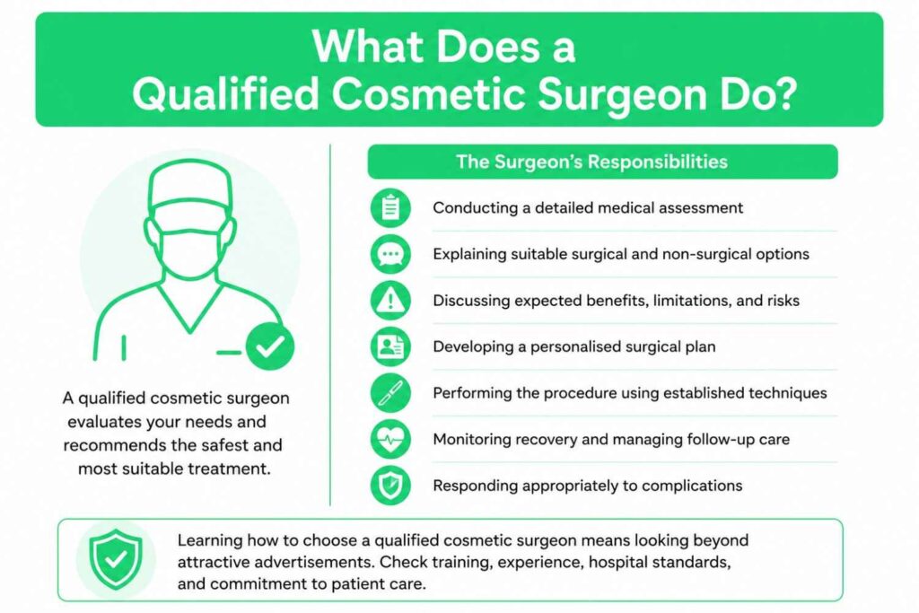 How to Choose a Qualified Cosmetic Surgeon with a surgeon explaining credentials, experience, safety standards, and consultation details to a patient.