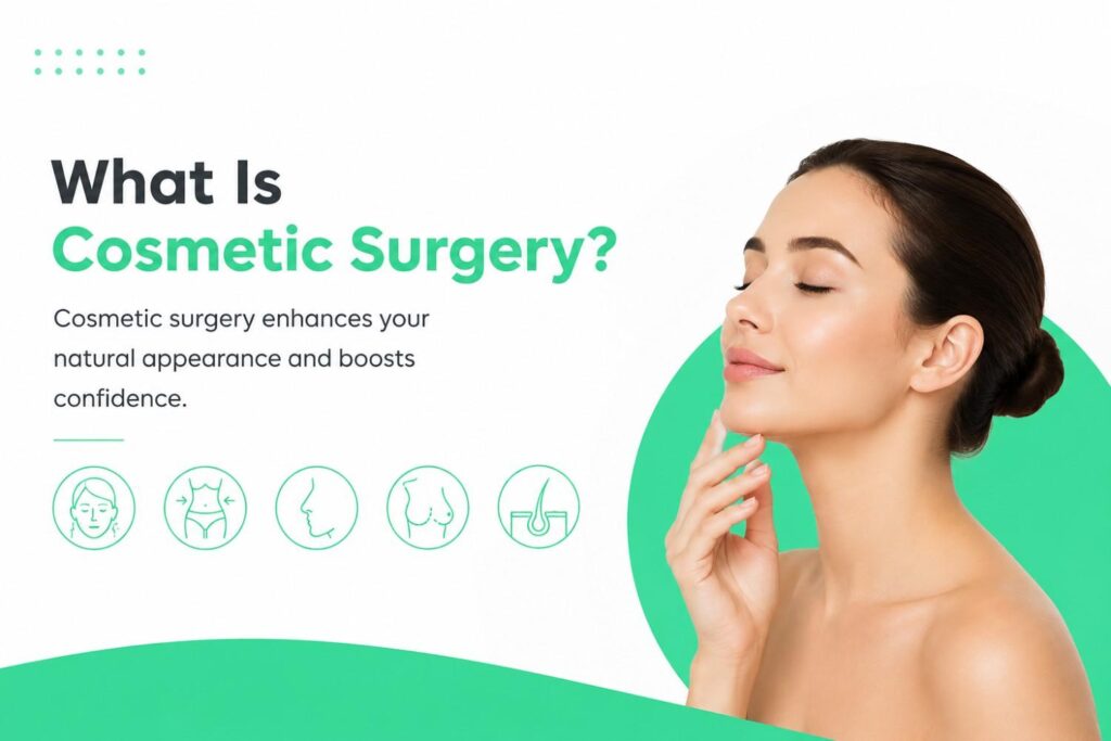Minimalist infographic explaining cosmetic surgery with a woman touching her face, green and white color theme, and icons representing facial, body, breast, and hair restoration procedures.