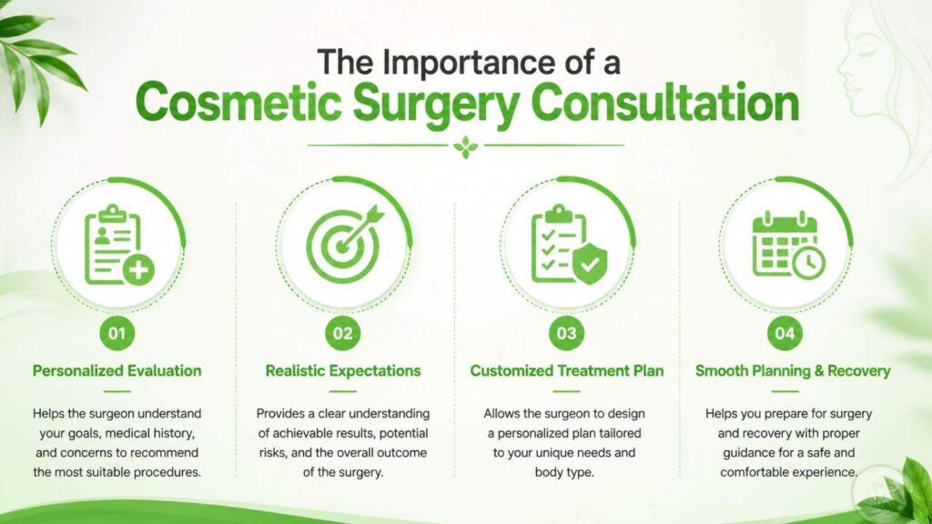 Cosmetic Surgery Consultation: What to Expect infographic illustrating the importance of a cosmetic surgery consultation with four key stages: personalized evaluation, realistic expectations, customized treatment planning, and recovery preparation.