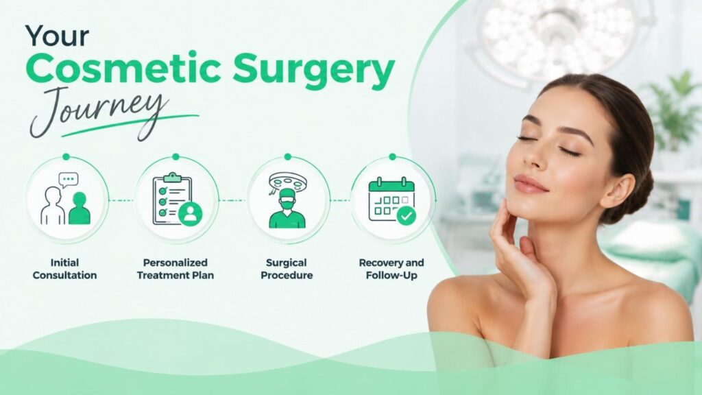 Your Cosmetic Surgery Hospital in Kerala journey illustrated with the stages of consultation, personalized treatment planning, surgery, and recovery in a modern plastic surgery centre.