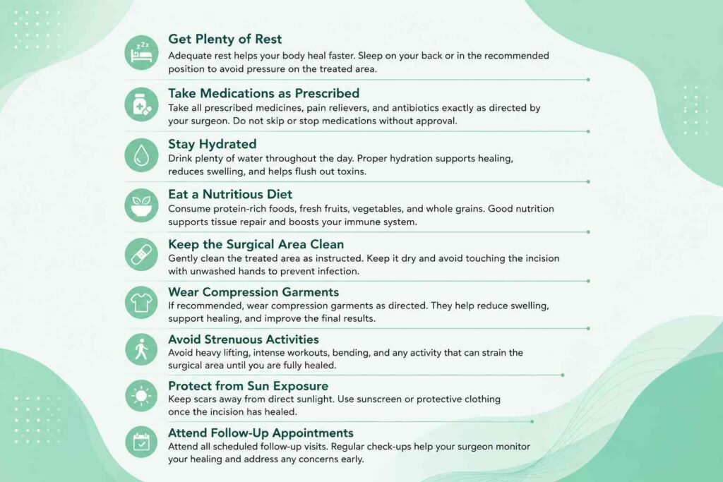 Infographic showing essential aftercare tips for Recovery After Cosmetic Surgery, including rest, hydration, nutrition, medication, wound care, and follow-up appointments.