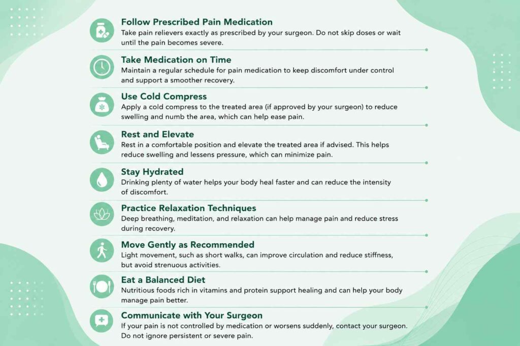 Infographic illustrating pain management during recovery after cosmetic surgery, including medication, cold compresses, hydration, rest, relaxation techniques, and healthy nutrition.