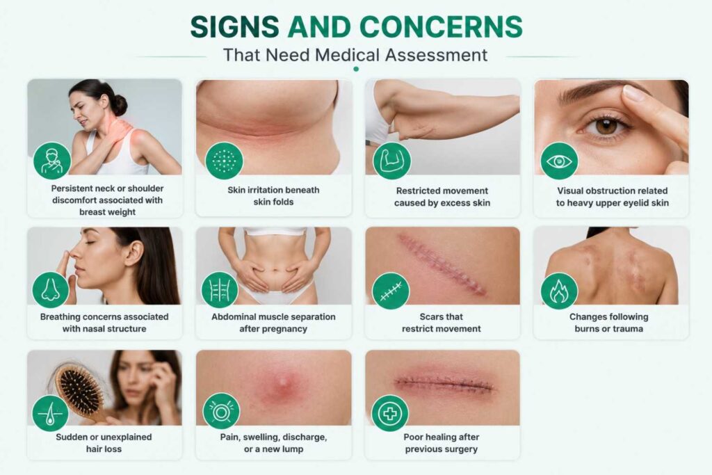 Medical infographic showing physical signs and concerns that may require assessment, including discomfort, skin irritation, restricted movement, hair loss, scars, and poor healing.