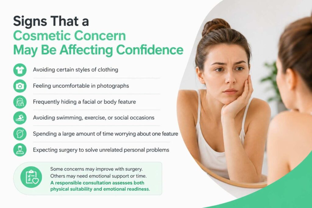 Minimalist medical infographic illustrating signs that appearance-related concerns may affect confidence, featuring a thoughtful woman looking into a mirror with a clean green and white healthcare design.