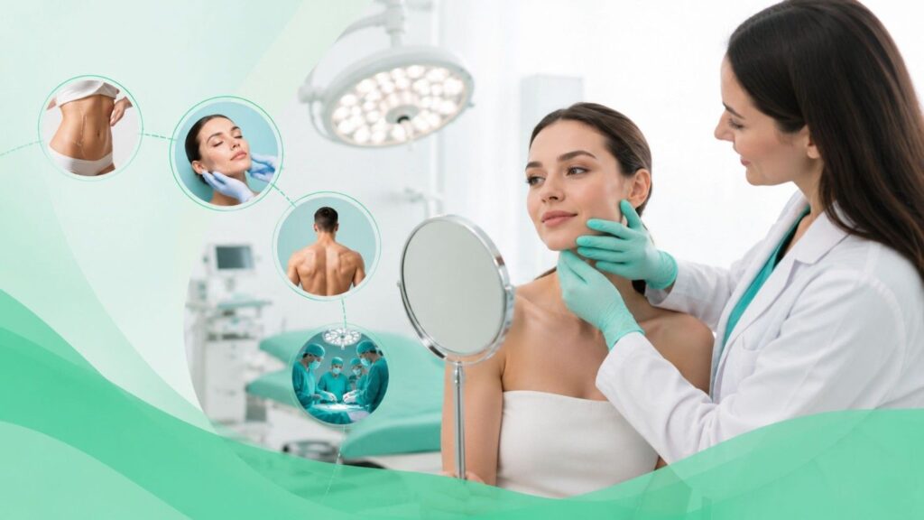 Consultation at a Cosmetic Surgery Hospital in Kerala showing a plastic surgeon discussing personalized cosmetic surgery options with a patient in a modern clinical setting.