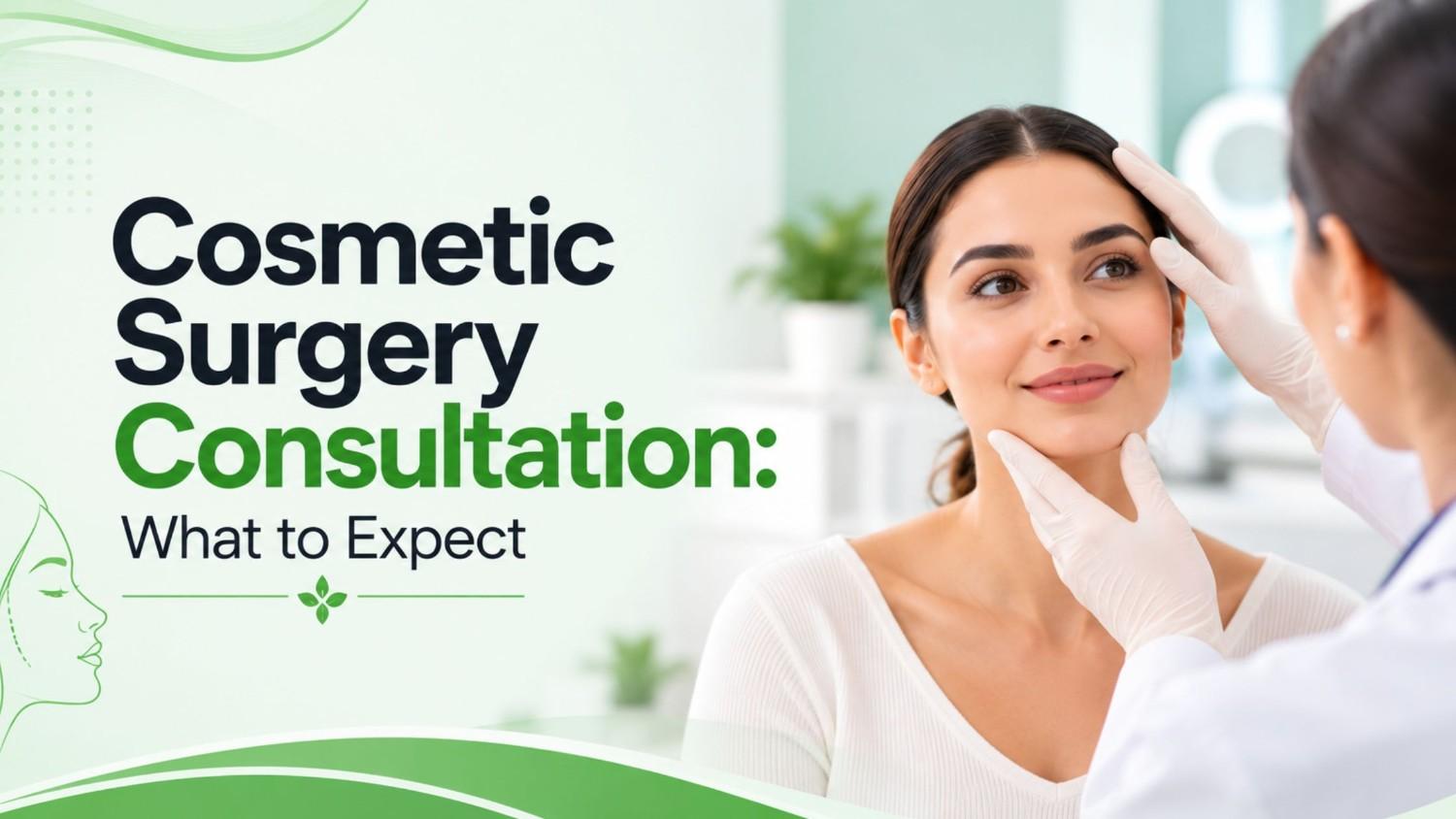 Cosmetic Surgery Consultation: What to Expect banner showing a patient discussing facial aesthetic goals with a cosmetic surgeon during a personalized consultation.