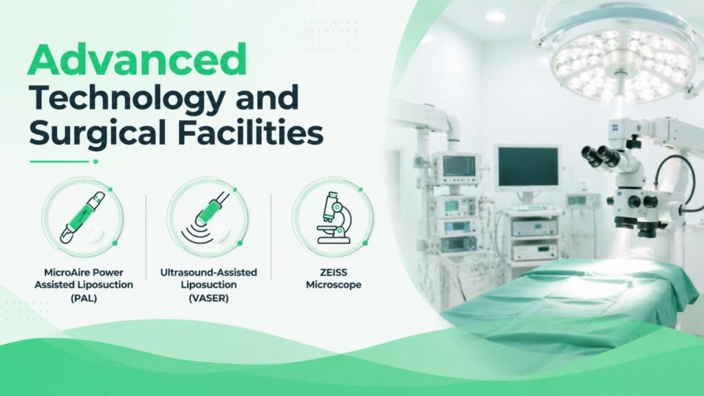 Advanced technology at a Cosmetic Surgery Hospital in Kerala featuring MicroAire Power Assisted Liposuction (PAL), VASER Ultrasound-Assisted Liposuction, and a ZEISS Microscope for precision cosmetic surgery.