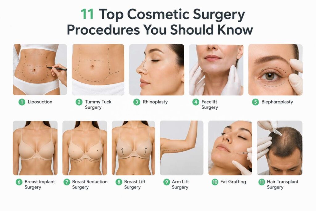 Medical infographic showcasing the 11 most common cosmetic surgery procedures with realistic clinical images and a clean white and green healthcare design.