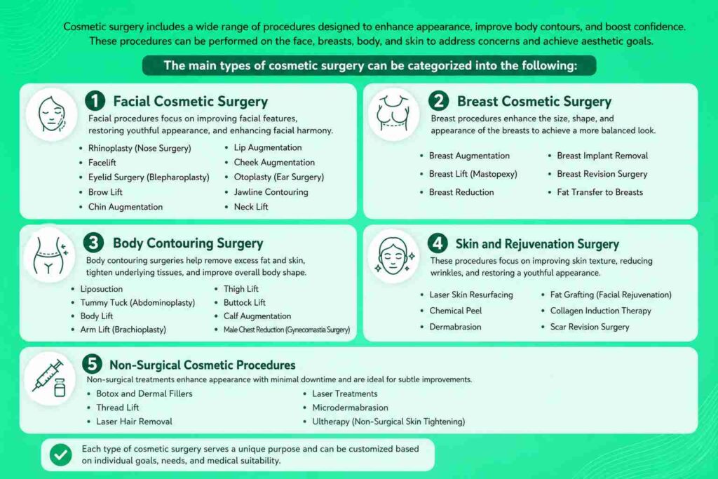 Infographic showing the main types of cosmetic surgery, including facial surgery, breast surgery, body contouring, skin rejuvenation, and non-surgical cosmetic treatments.
