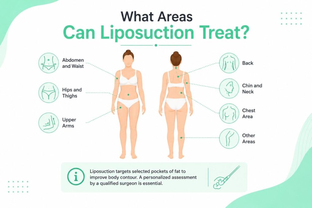 Liposuction treatment areas including abdomen, thighs, arms, back, chin, neck, and chest