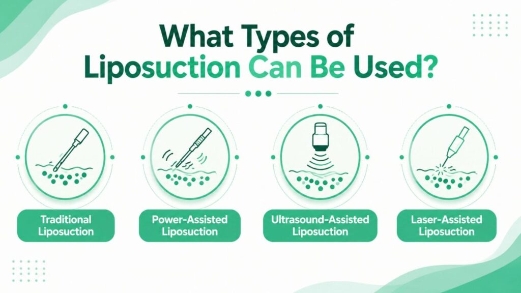 HOW IS LIPOSUCTION PERFORMED? Types of liposuction including traditional, power-assisted, ultrasound-assisted and laser-assisted techniques