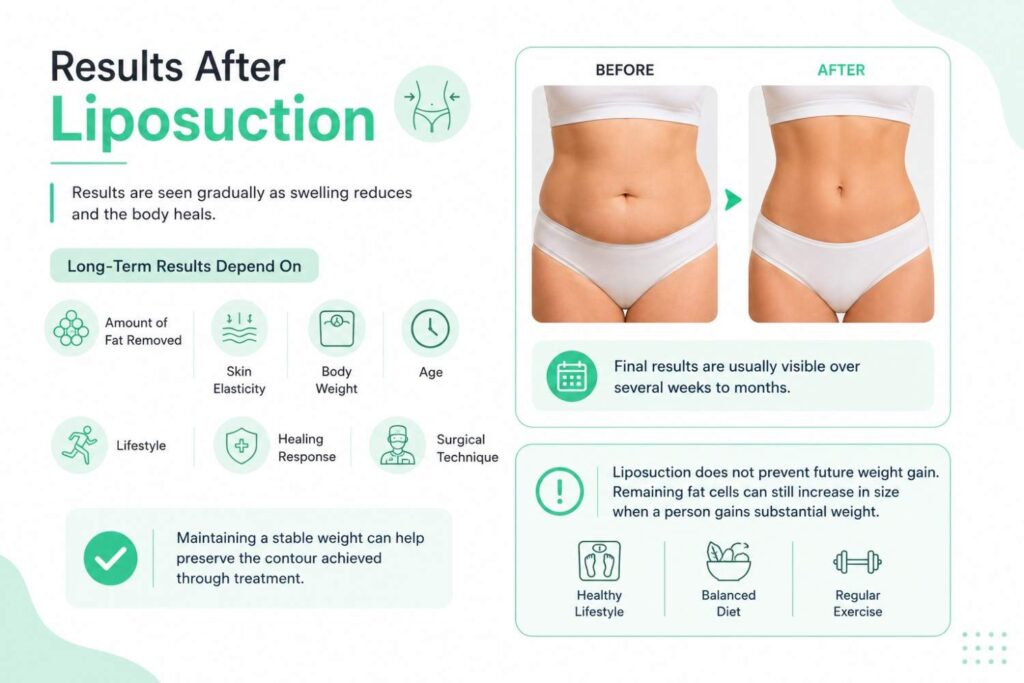 Results after liposuction showing gradual body contour changes and factors affecting long-term results