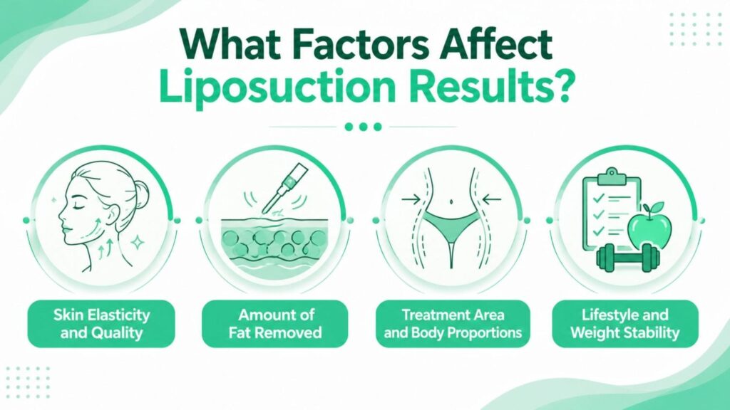 What factors affect liposuction results? Skin elasticity, fat removed, treatment area, body proportions, and weight stability