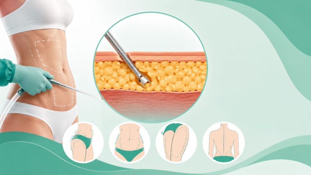 HOW IS LIPOSUCTION PERFORMED? Illustration showing a cannula removing fat from the abdomen during liposuction