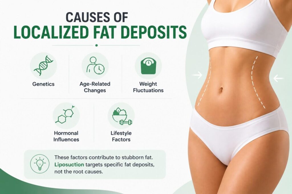 Causes of localized fat deposits including genetics, age, weight changes, hormones, and lifestyle