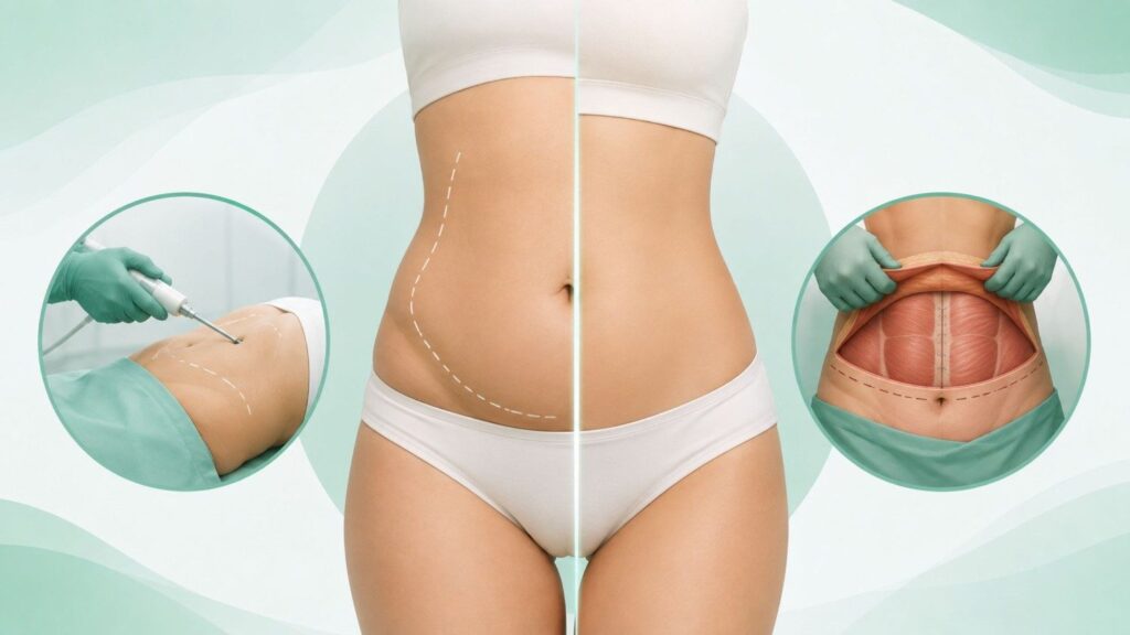 Liposuction vs tummy tuck: medical illustration comparing abdominal fat contouring with tummy tuck surgery