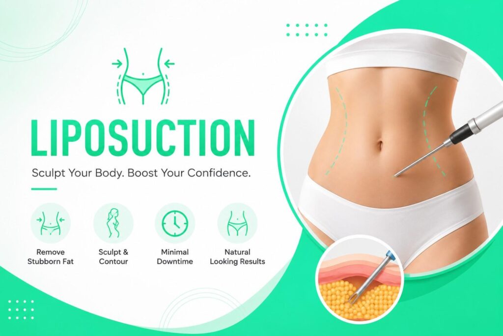 Liposuction body contouring procedure with a cosmetic medical illustration