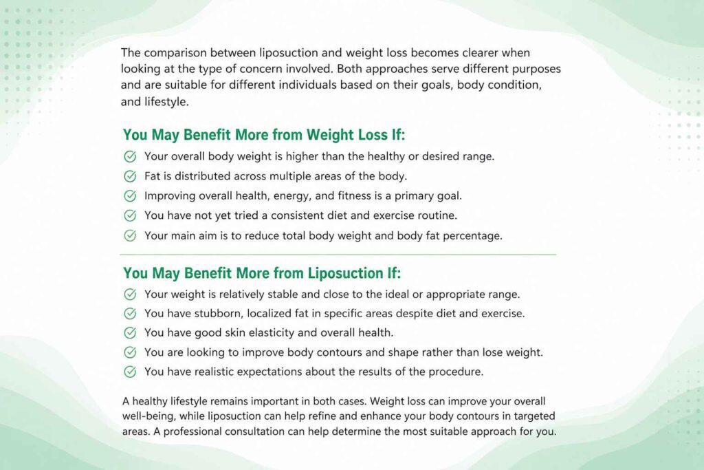 Liposuction vs weight loss showing who may benefit from each approach