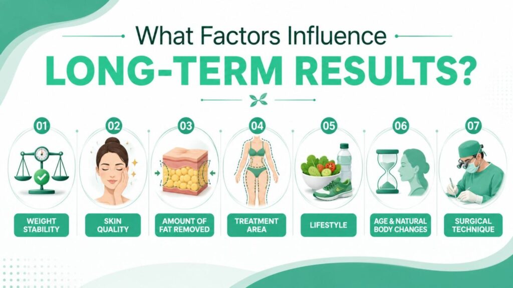 Is liposuction permanent? Factors influencing long-term liposuction results including weight stability, skin quality, fat removed, treatment area, lifestyle, ageing and surgical technique