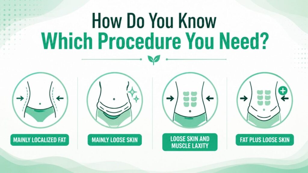 Liposuction vs tummy tuck: infographic showing localized fat, loose skin, muscle laxity, and combined body-contouring concerns
