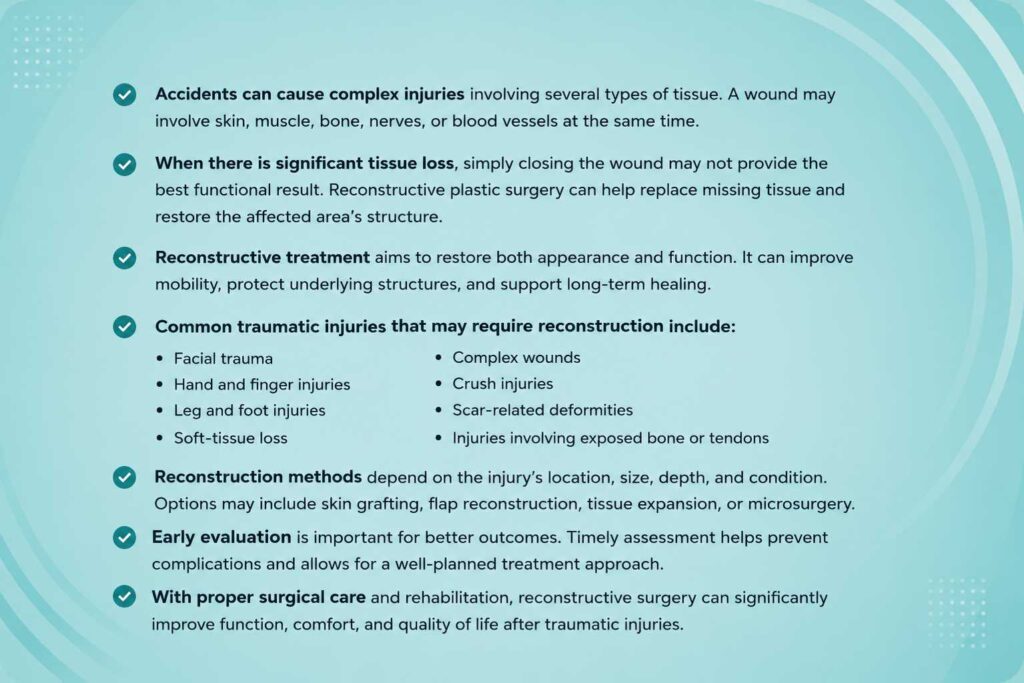 Reconstructive plastic surgery after traumatic injuries involving tissue loss and complex wounds
