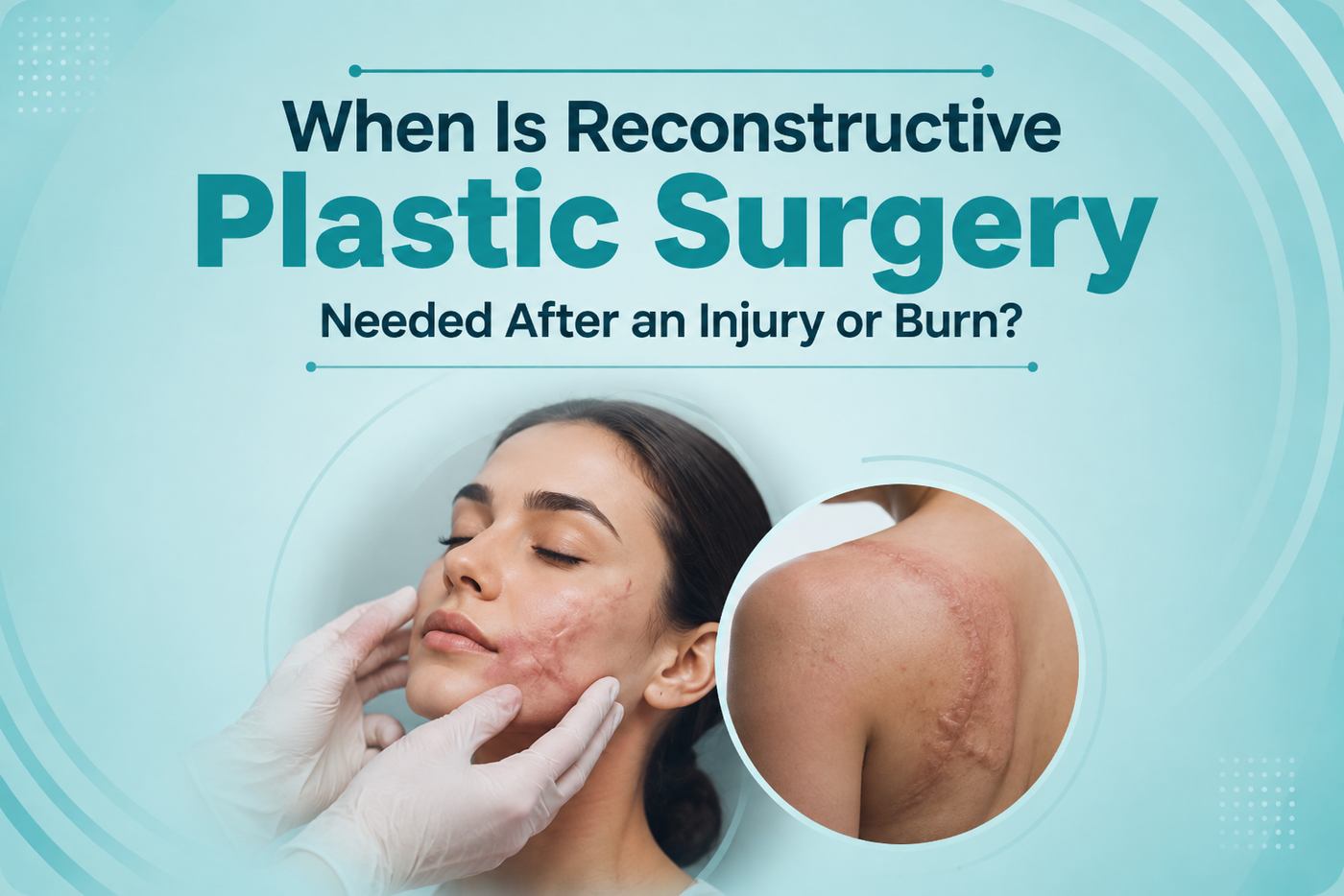Reconstructive plastic surgery after an injury or burn showing facial and burn scars