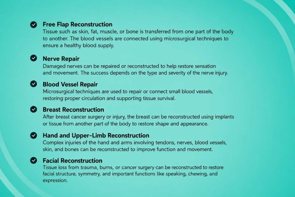 Types of microsurgery and reconstructive surgery including free flap, nerve, blood vessel, breast, hand, and facial reconstruction