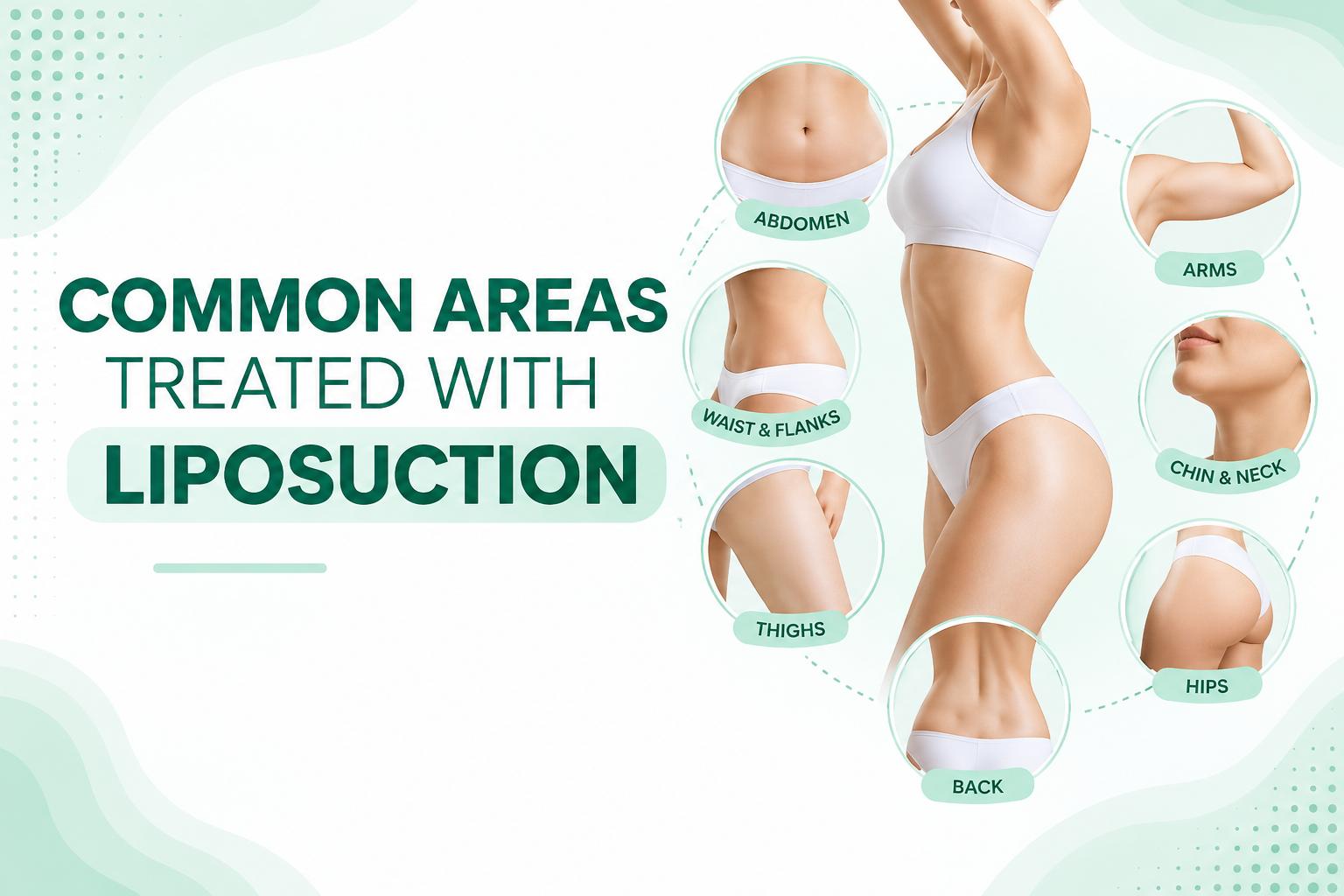 Common areas treated with liposuction including abdomen, waist, thighs, arms, hips, chin, neck, and back