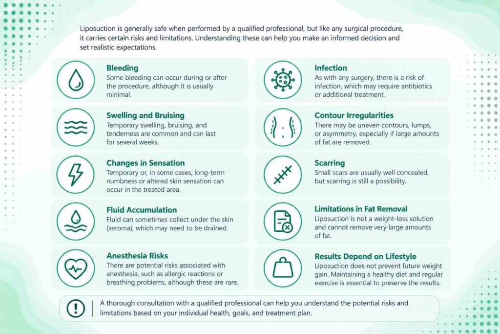 Risks and limitations of liposuction including swelling, bruising, infection, scarring, and contour irregularities
