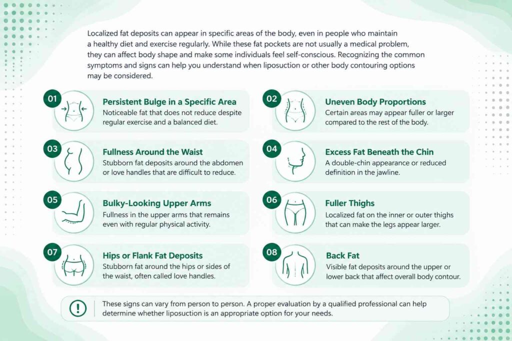 Symptoms and signs of localized fat deposits including abdominal, waist, thigh, arm, hip, chin, and back fat