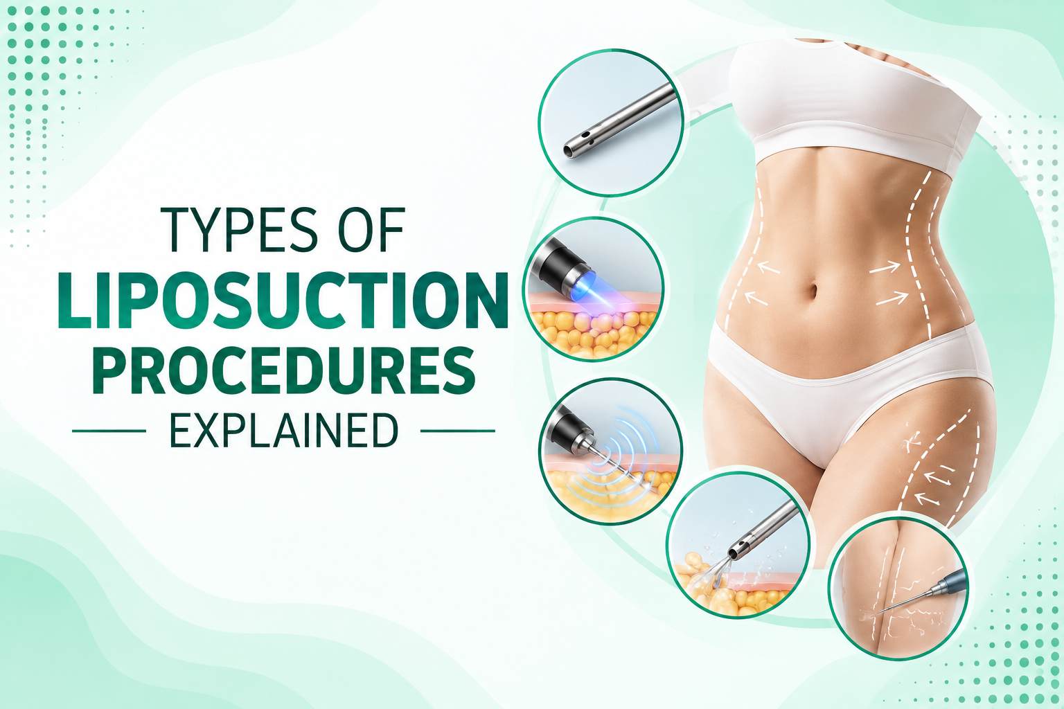 Types of liposuction procedures explained with body contouring and liposuction technique illustrations